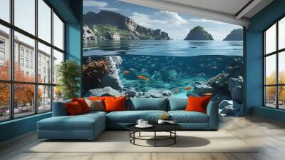 Vibrant tropical ocean floor featuring rocky terrain and grey fish amidst a stunning underwater landscape Wall mural