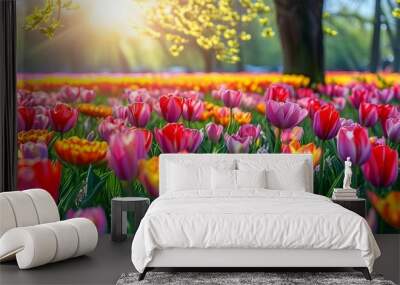 Vibrant tulips illuminate the lush grass under a sunny spring sky, showcasing the enchanting beauty and freshness of the season. Wall mural