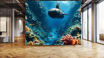 Vibrant underwater adventure with a submarine exploring colorful coral reefs and playful fish Wall mural