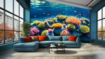 Vibrant underwater coral reef teeming with colorful marine life, showcasing diverse corals and sea anemones in a serene oceanic environment Wall mural