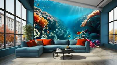 Vibrant underwater coral reef teeming with tropical fish, providing a lively backdrop for marine life conservation messaging Wall mural