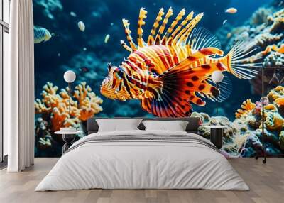 Vibrant underwater paradise with a lionfish amidst colorful coral and a diverse array of tropical fish Wall mural