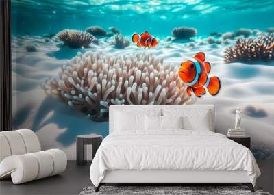 Vibrant Underwater Paradise with Colorful Clownfish and Lush Coral Reefs Wall mural