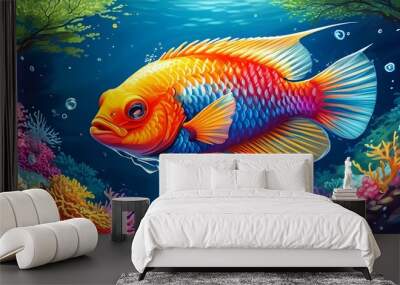 Vibrant Underwater Reef: Artistic Illustration of Colorful Fish and Coral in a Beautiful Marine Scene Wall mural