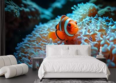 vibrant underwater scene featuring a tropical clownfish nestled within a colorful sea anemone Wall mural