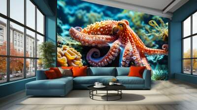 Vibrant underwater scene with a colorful octopus swimming among intricate coral and lush sea plants Wall mural