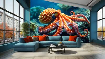 Vibrant underwater scene with a colorful octopus swimming among intricate coral and lush sea plants Wall mural