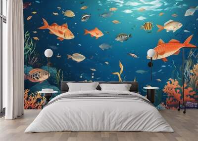 Vibrant Underwater World Celebrating World Oceans Day with Ocean Life and Colorful Fish in Vector Art Wall mural