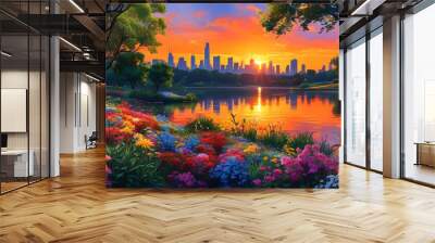 Vibrant urban park showcasing colorful flowers, lush trees, and a serene lake at sunset against a stunning city skyline Wall mural