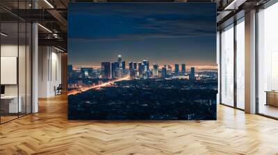 vibrant urban skyline illuminated by shimmering night lights Wall mural