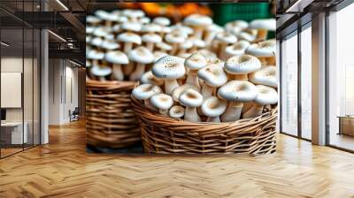 Vibrant urban street market showcasing baskets of fresh white mushrooms, highlighting local food, outdoor shopping, and the bustling atmosphere of city life Wall mural