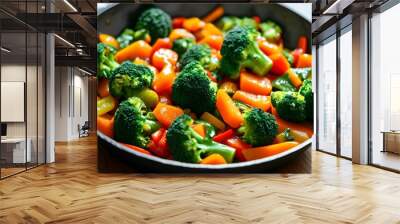 vibrant vegetable stir fry featuring fresh broccoli, crisp carrots, and colorful bell peppers cooked in a traditional wok Wall mural