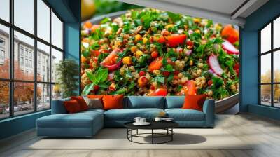 Vibrant vegetarian couscous salad with fresh vegetables and herbs for a refreshing meal option

 Wall mural