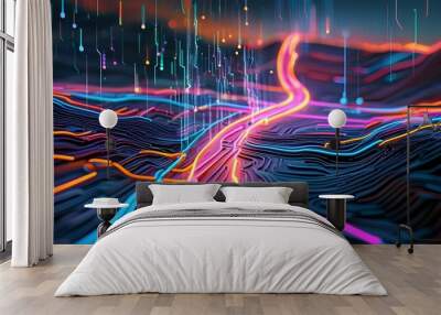 Vibrant visualization of digital communication networks with data streams racing across a neon circuit landscape Wall mural