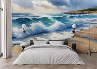 Vibrant watercolor beach scene capturing crashing waves and the serene beauty of the sandy shore Wall mural