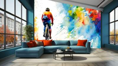 Vibrant watercolor depiction of a cyclist in motion against a bright white backdrop, radiating energy and joy through colorful splashes Wall mural