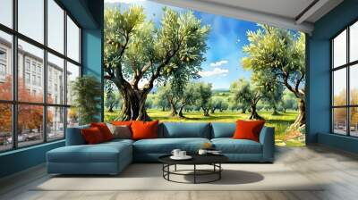 Vibrant Watercolor Depiction of a Lush Olive Grove with Ripe Olives Beneath a Bright Blue Sky in a Serene Mediterranean Landscape Wall mural