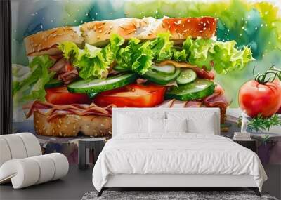 Vibrant watercolor depiction of a mouthwatering sandwich overflowing with fresh lettuce, ripe tomato, crisp cucumber, and savory meat on hearty wheat bread. Wall mural