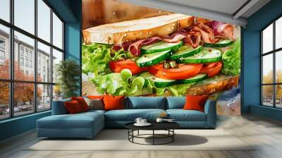 Vibrant watercolor depiction of a mouthwatering sandwich overflowing with fresh lettuce, ripe tomato, crisp cucumber, and savory meat on hearty wheat bread. Wall mural