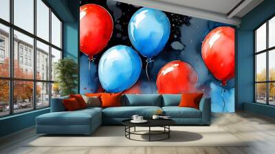 Vibrant watercolor depiction of a red and blue balloon contrasting against a deep black backdrop Wall mural