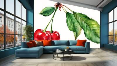 Vibrant watercolor depiction of a ripe red cherry shimmering with freshness and a lush green stem Wall mural