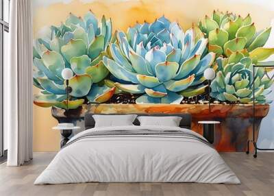 Vibrant watercolor depiction of a succulent nestled in a charming pot Wall mural