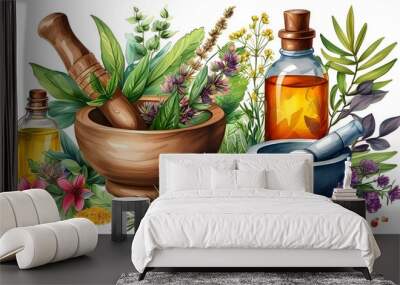 Vibrant watercolor depiction of herbs and essential oils with mortar and pestle, capturing the essence of aromatherapy and natural healing remedies. Wall mural