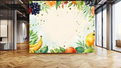 Vibrant watercolor fruit and foliage backdrop with a central blank space, ideal for summer-inspired or healthy design themes Wall mural