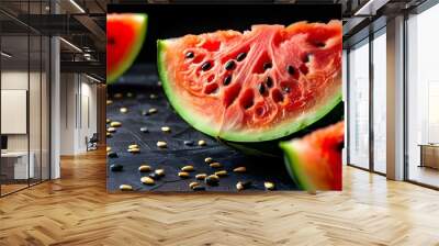 Vibrant watermelon slice with seeds against a sleek black backdrop Wall mural