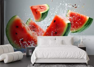 Vibrant watermelon slices in dynamic motion, creating playful splashes against a crisp white background Wall mural