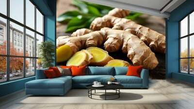 Vibrant yellow interior of fresh ginger root and slices displayed on rustic wooden surface highlighting natural earthy textures Wall mural