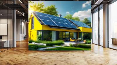 Vibrant yellow modern house with solar panels nestled in lush greenery and a stunningly landscaped garden Wall mural