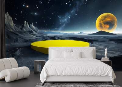 Vibrant Yellow Podium Amidst a Majestic Cosmic Landscape Wall mural