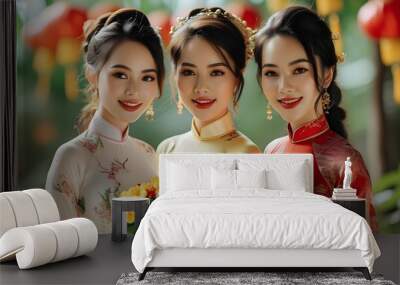 Vietnamese Women in Elegant Ao Dai Dresses Embracing Lunar New Year Celebrations with Symbolic Flowers and Cultural Richness Wall mural