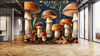 Vintage autumnal forest collage featuring engraved illustrations of various brown mushrooms, including boletus, for a captivating wallpaper background. Wall mural