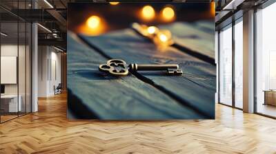 Vintage key resting on a wooden table bathed in warm evening light Wall mural