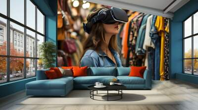 Virtual reality shopping experience in a stylish clothing store filled with trendy apparel and handbags Wall mural