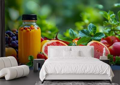 Vitamins amidst vibrant fruits and vegetables celebrating a vibrant, healthy lifestyle Wall mural