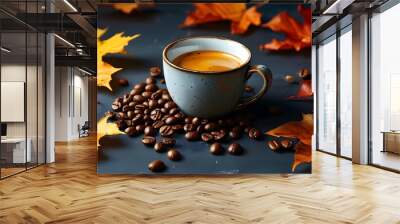 Warm espresso nestled in coffee beans and autumn leaves on a moody dark surface Wall mural