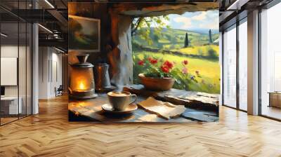 Warm Rustic Cabin Coffee Retreat with Oil Painting Vibes and Inviting Lighting Wall mural