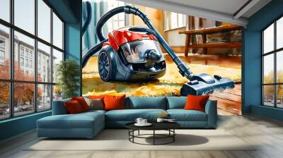 Watercolor depiction of a vacuum cleaner head gliding effortlessly over a carpet, symbolizing home cleaning and daily chores in a serene, artistic setting Wall mural