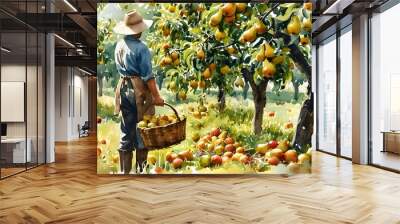 Watercolor depiction of pear harvesting in an orchard, celebrating agriculture, rural life, and the essence of harvest season Wall mural