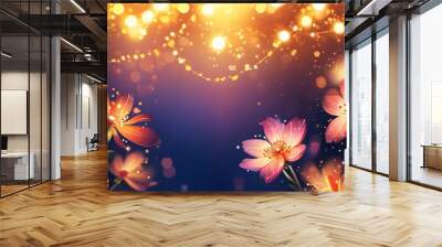 Whimsical Abstract Background of Glittering Fairy Lights and Bokeh with Floral Accents Wall mural