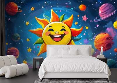 Whimsical cartoon sun grinning joyfully among vibrant stars and planets in a cosmic celebration Wall mural