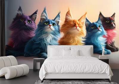 Whimsical Collection of Colorful Cartoon Cats Relaxing on a Soft Pastel Background Wall mural