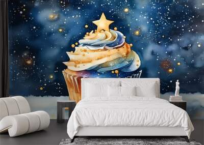 Whimsical cupcake and ice cream in a starry night fantasy with vibrant watercolor hues Wall mural