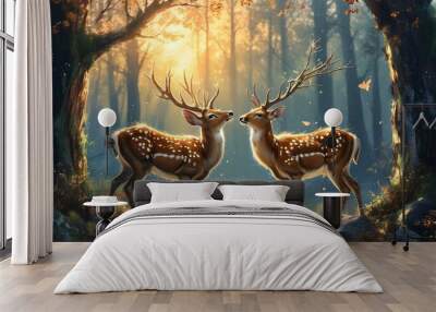 Whimsical Fantasy Forest with Grungy Noise Texture, Morning Sunlight Illuminating Two Deer in a Contemporary Dreamlike Scene Wall mural