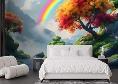 Whimsical floral wallpaper design featuring a vibrant rainbow scene atop a green hillside adorned with stone accents and a solitary tree, inviting adventure. Wall mural