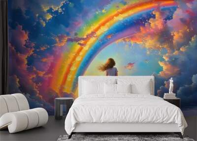 Whimsical Girl Painting a Hyperrealistic Rainbow in a Colorful Sky Wall mural