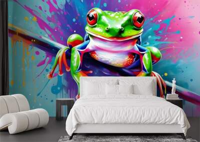 Whimsical leap year celebration featuring a vibrant green frog against a soft blue and pink gradient backdrop Wall mural